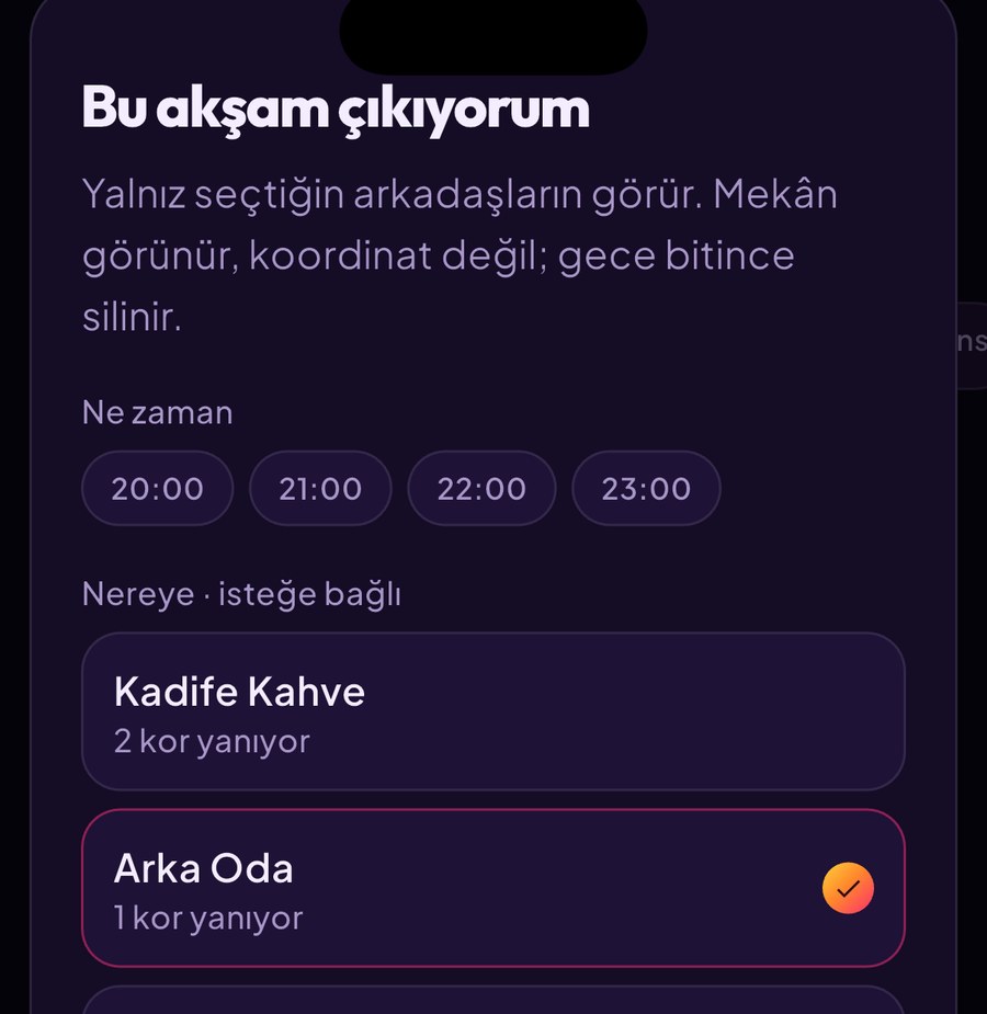 Çıkıyorum ekranı: saat, mekân ve kimin göreceği