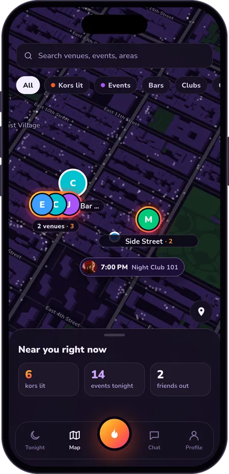 Kor map, night theme: venues with kors in a fire ring, events in violet