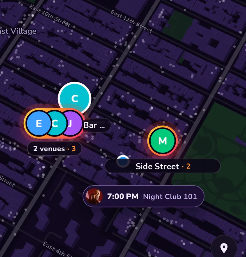 Kor map, night theme: East Village, venues with kors lit, friends and an event